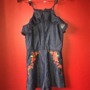 Moon River Floral Embroidered Denim Romper